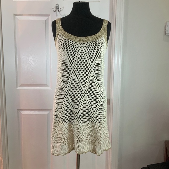 Boston Proper Gold Metallic Crochet Fishnet Ivory Boho Tank Mini Dress Size 2 - Picture 9 of 9